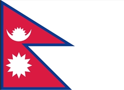 [ai] The flag of Nepal featuring a red background with a blue border, containing two geometric shapes. The upper shape has a white crescent moon and the lower shape displays a white sun.